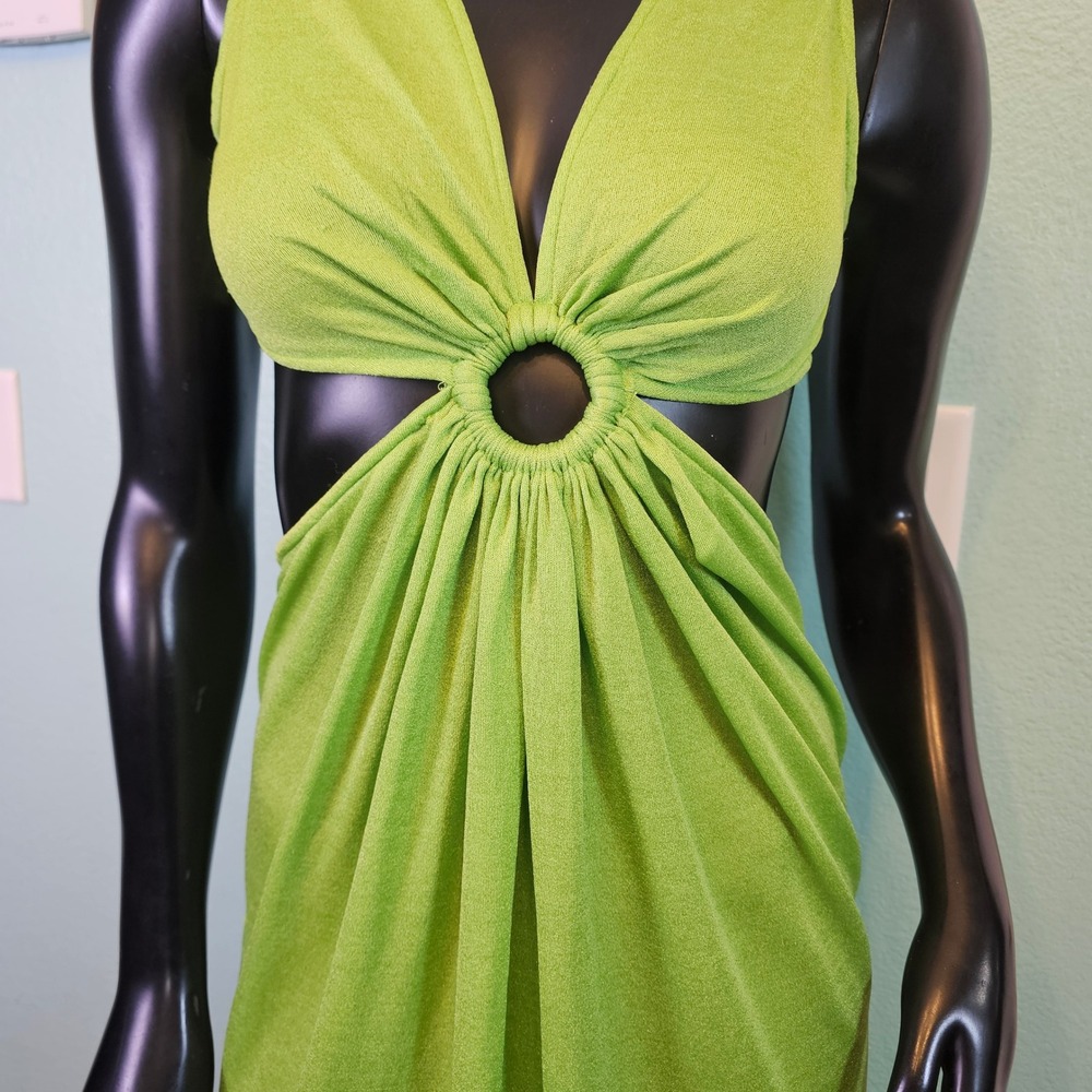 Vintage 70s Lime Green Oring Cutout Maxi Dress Disco Textured Knit Sleeveless View 4